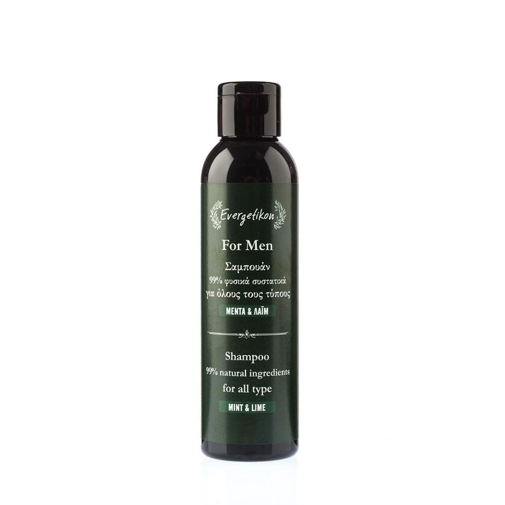 Men's Shampoo 100% Natural for All Hair Types with Mint and Lime 150ml Evergetikon